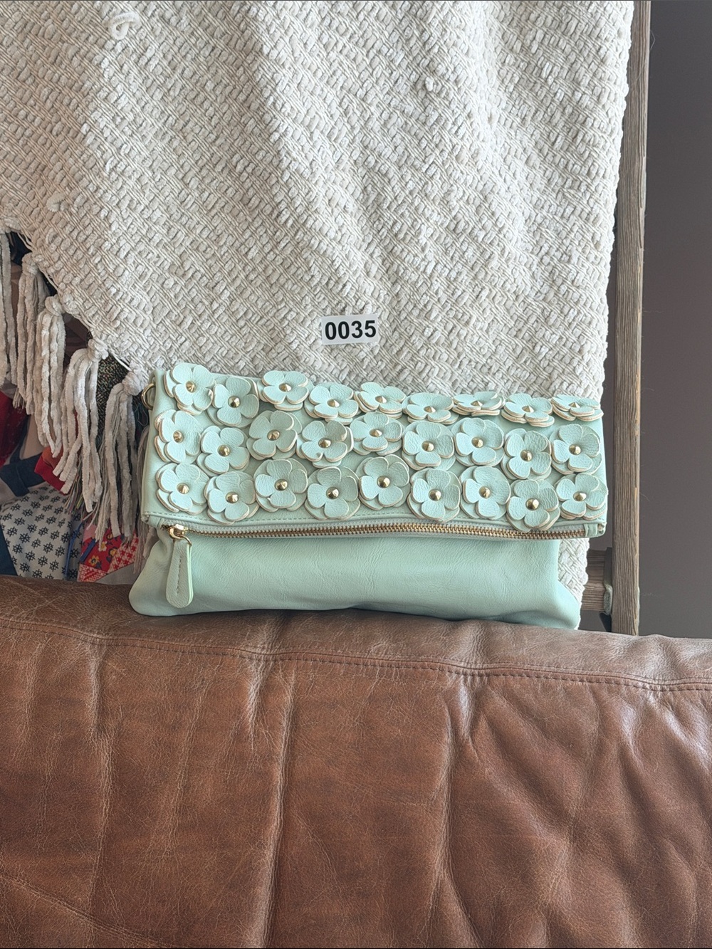 Aldo Mint Floral Appliqué Foldover Clutch